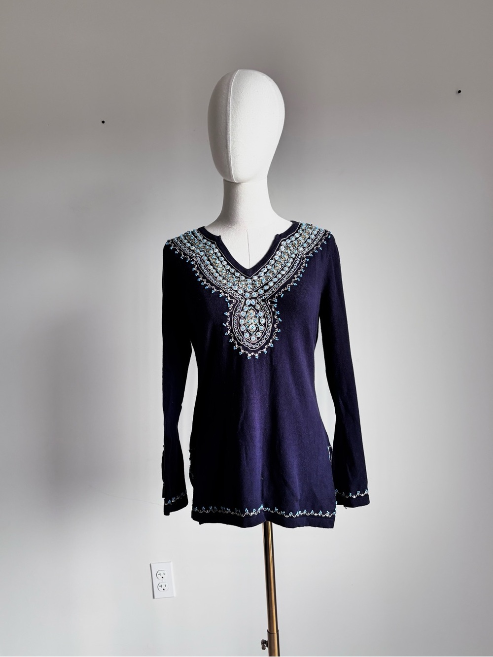 j.mclaughlin navy blue beaded sequin tunic sweater size extra small